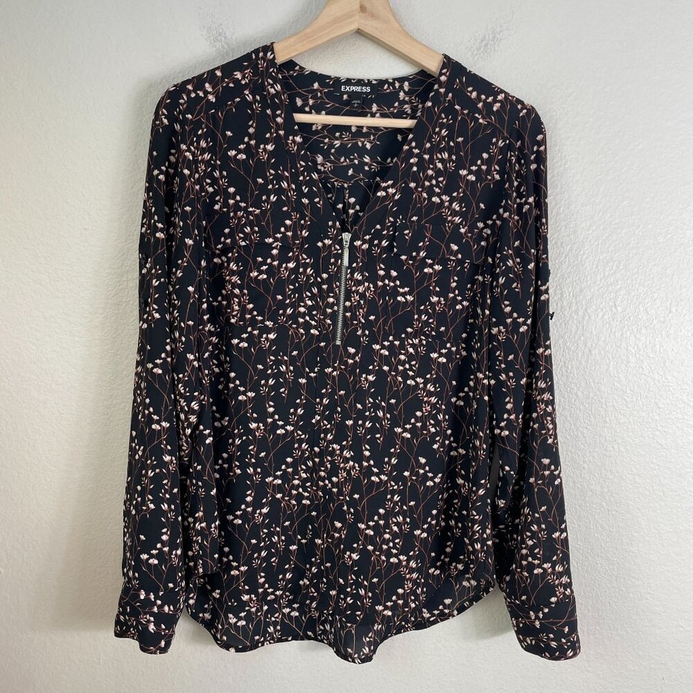 Express Womens Small Floral Zip Front Blouse Roll Tab Sleeve Shirt V Neck‎